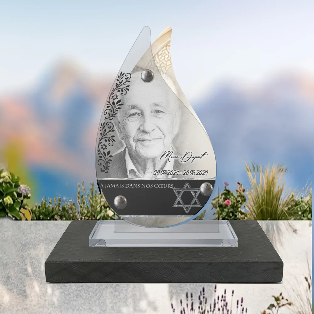 Plaque Flamme Juif à poser sur socle ardoise du Brésil