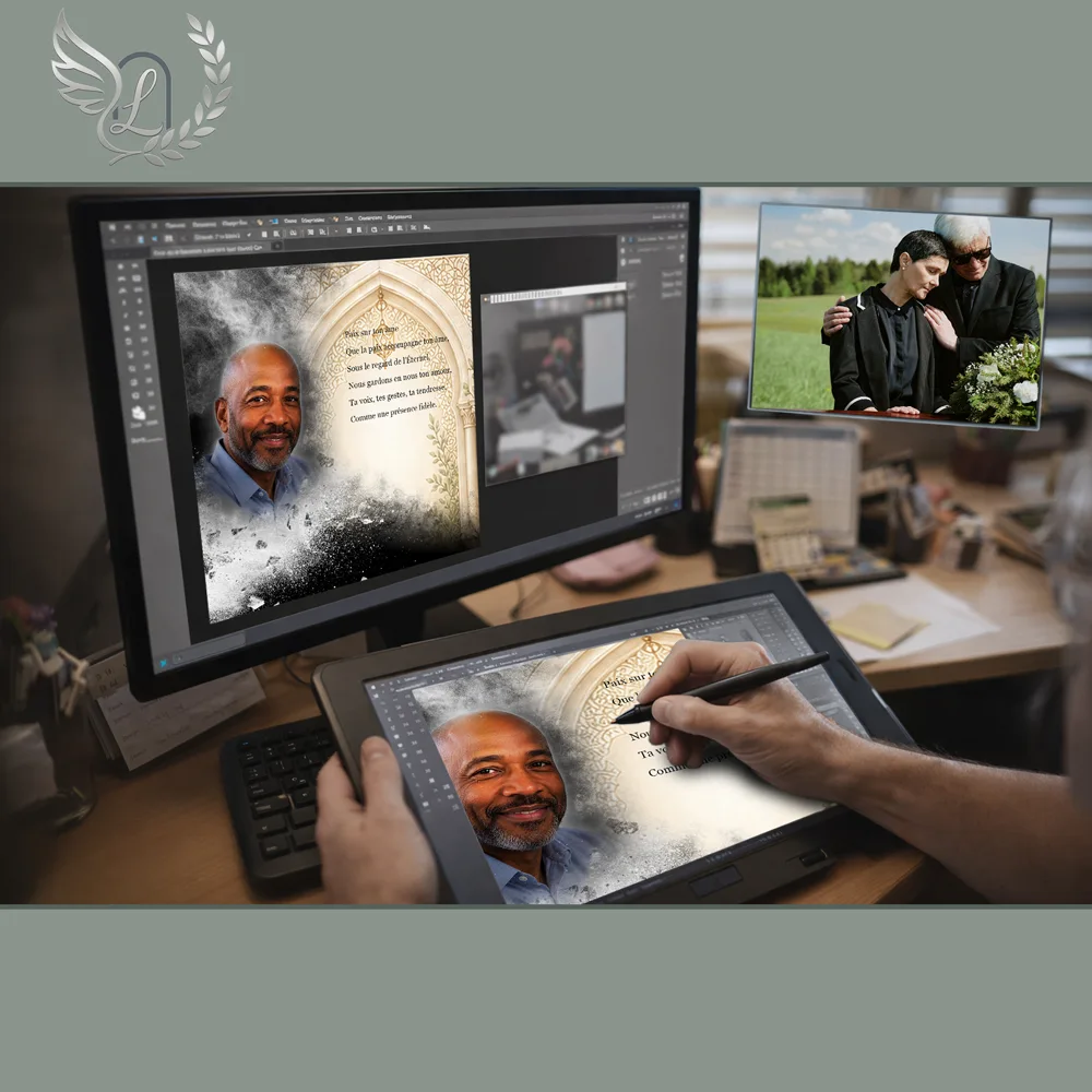 Création artistique plaque funéraire Juif sur tablette graphique en studio