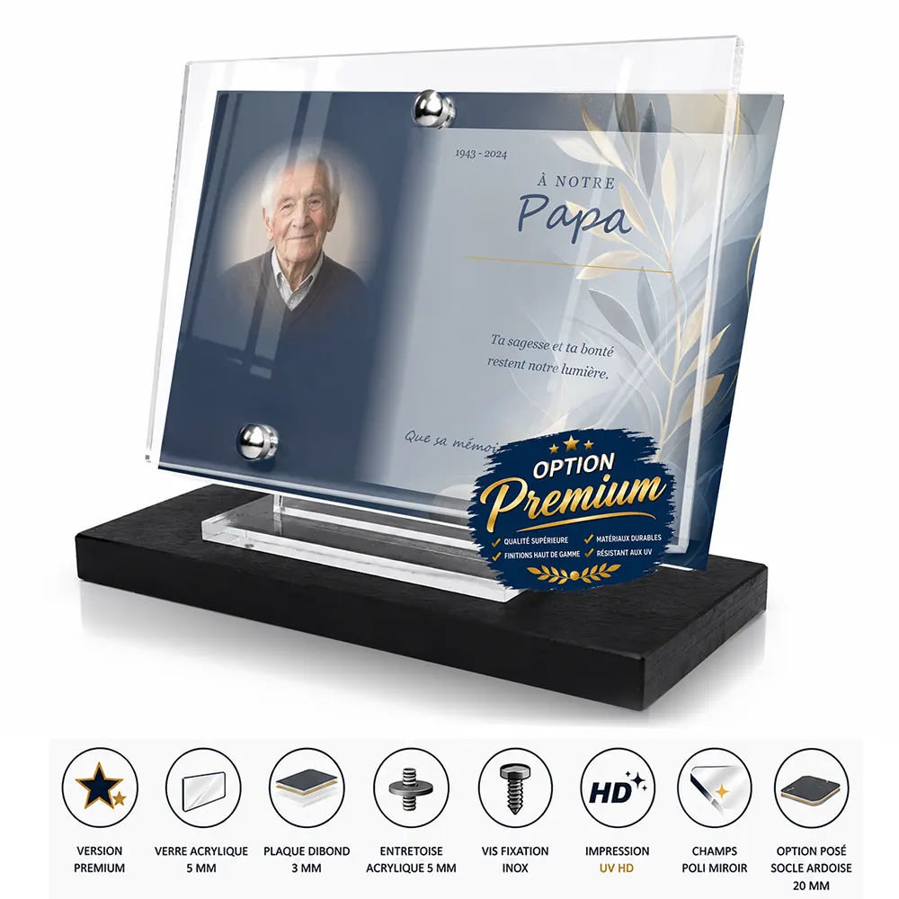 Plaque funéraire panoramique Juif finition premium présentée sur socle en ardoise