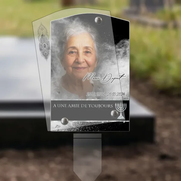 Plaque funéraire rectangle juif plantée par appendice plexiglas, sol meuble ou pot, 1er sous-décor
