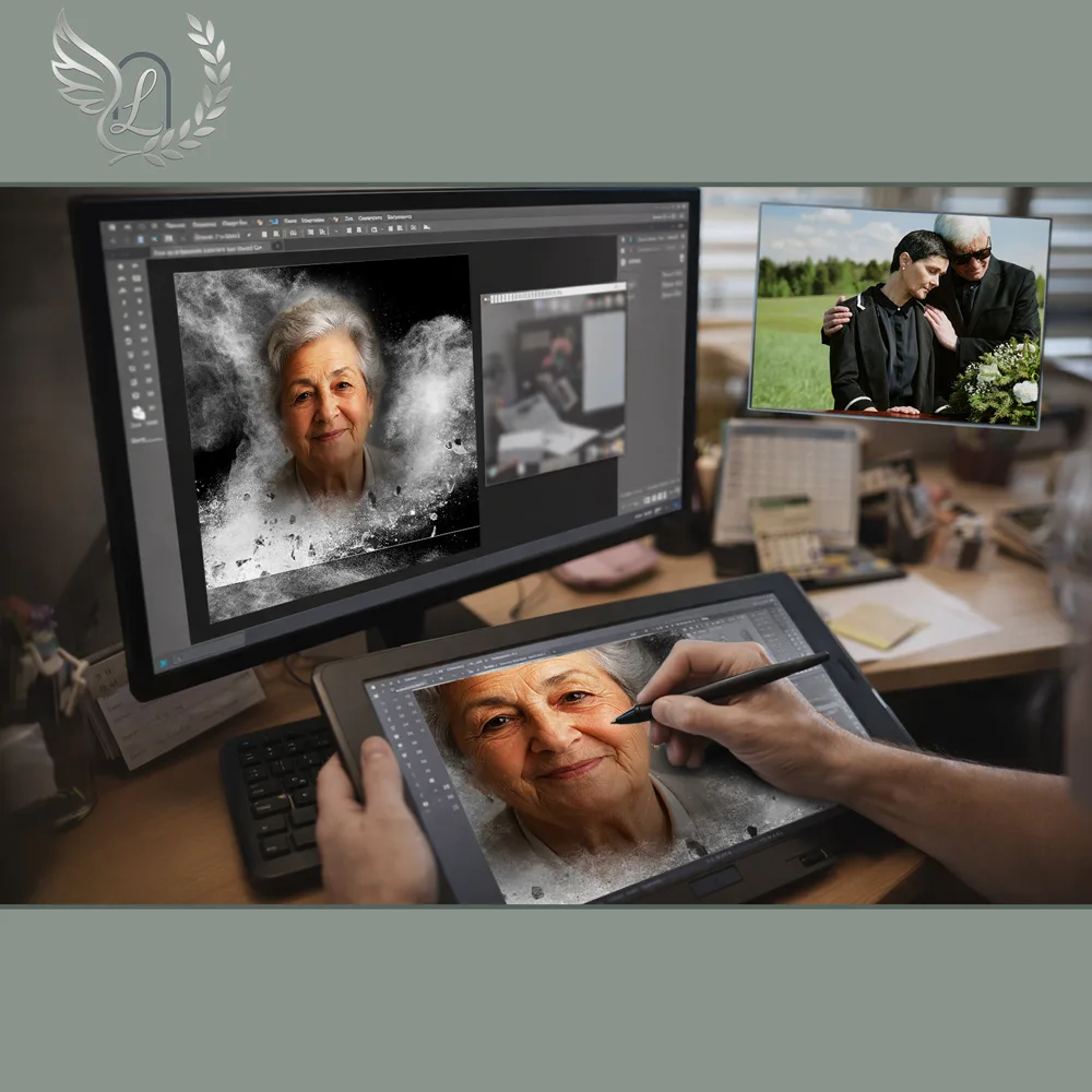 Création artistique plaque funéraire Juif sur tablette graphique en studio