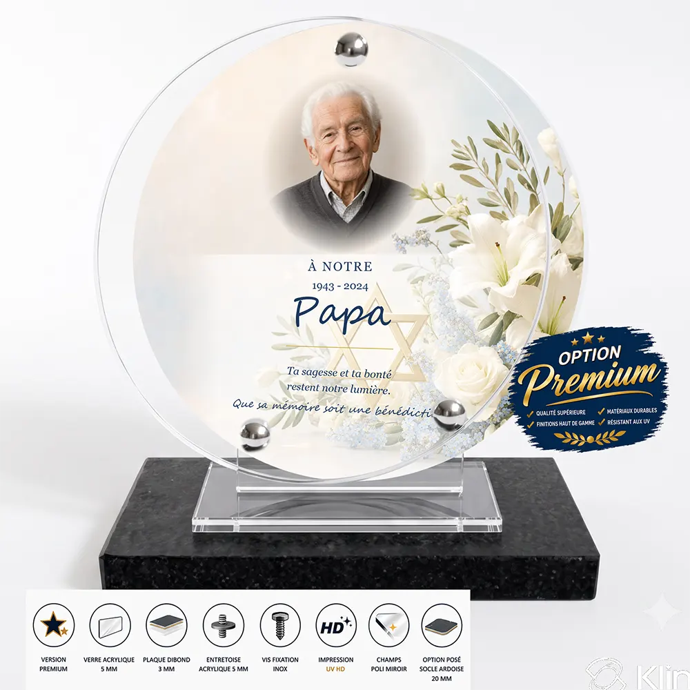 Plaque funéraire circulaire Juif finition premium présentée sur socle en ardoise