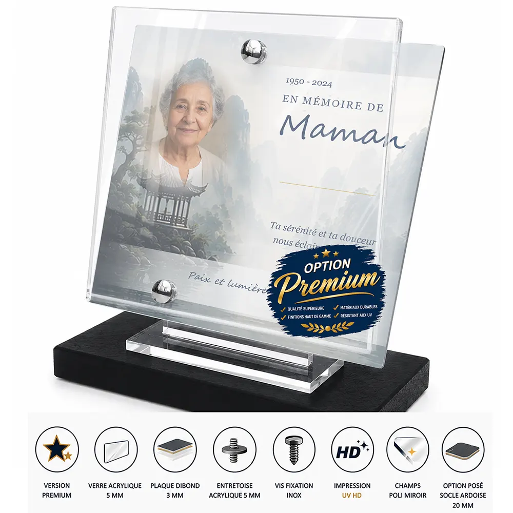 Plaque funéraire carré Bouddhiste finition premium présentée sur socle en ardoise