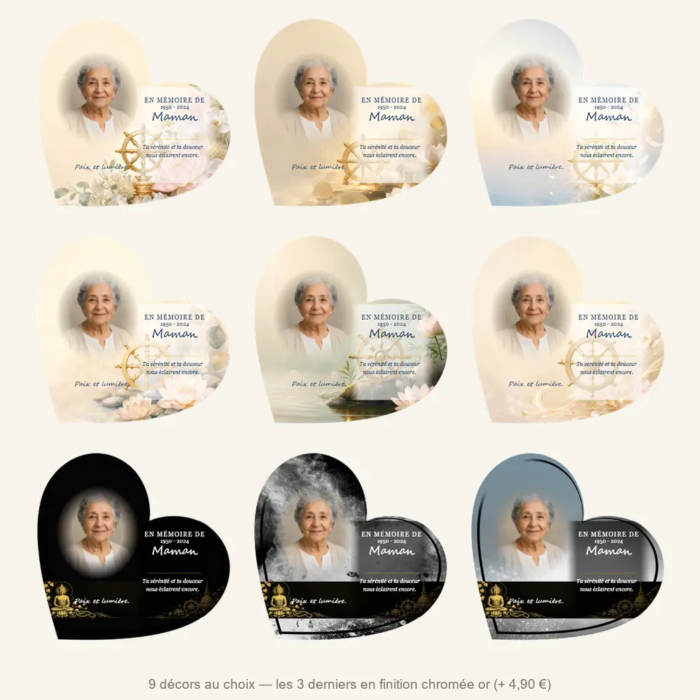 Plaque funéraire cœur Bouddhiste — neuf décors de fond au choix