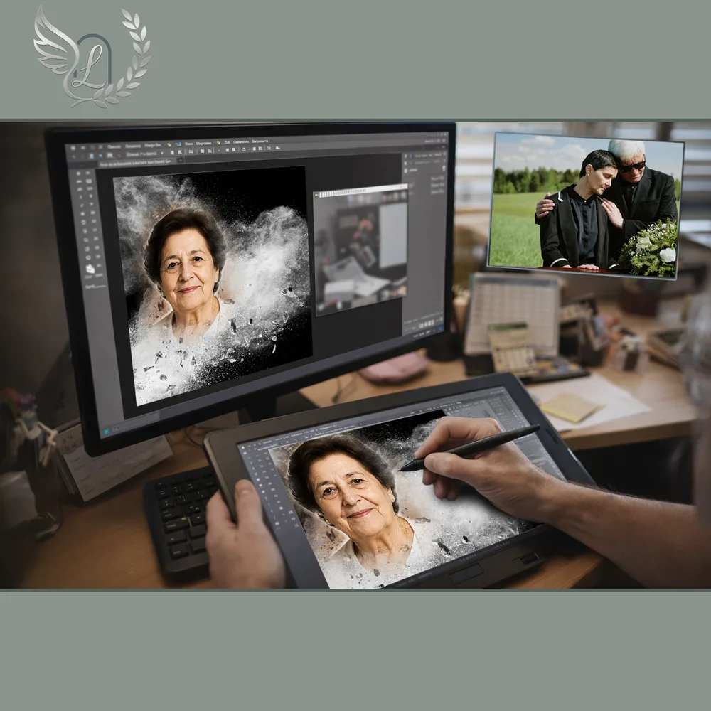 Création artistique plaque funéraire Bouddhiste sur tablette graphique en studio