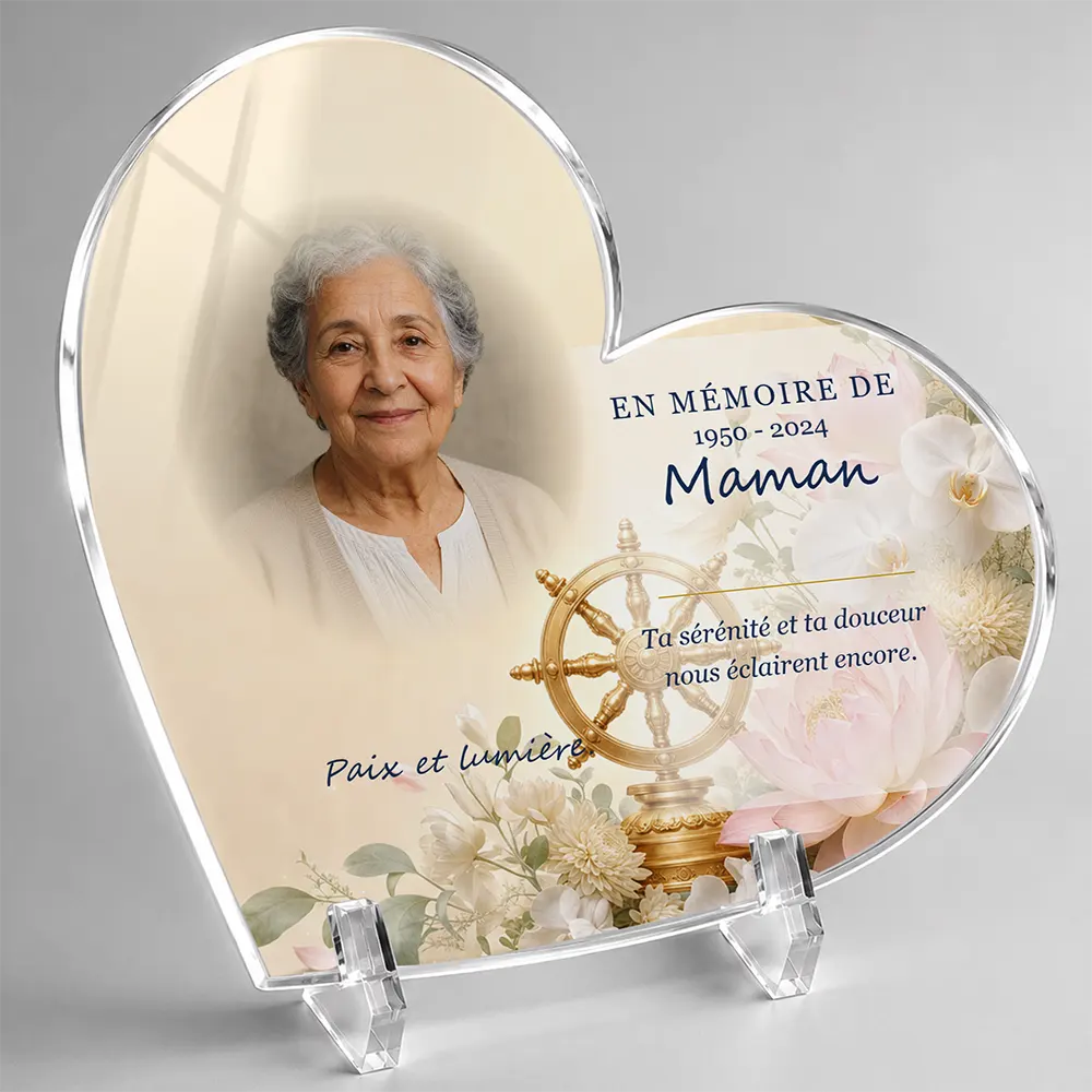 Plaque funéraire cœur Bouddhiste personnalisée — portrait, texte libre et fond au choix, présentée sur pied plexi