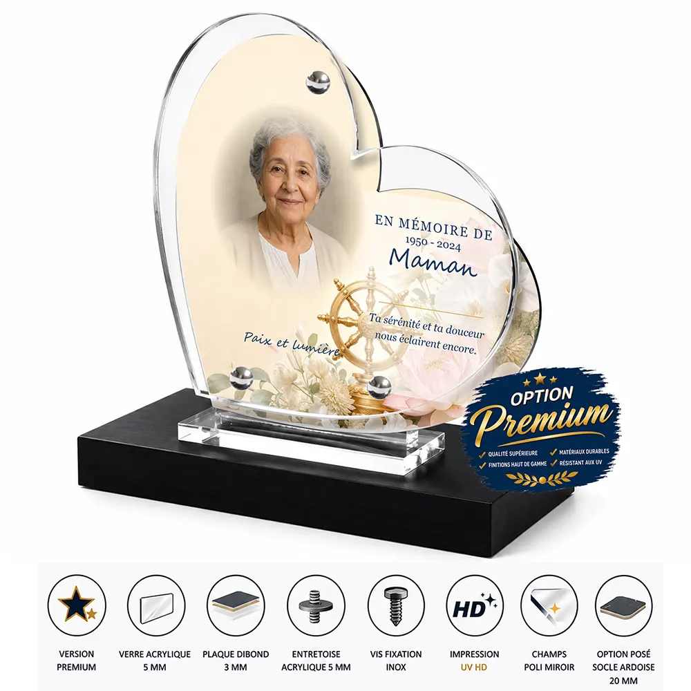 Plaque funéraire cœur Bouddhiste finition premium présentée sur socle en ardoise