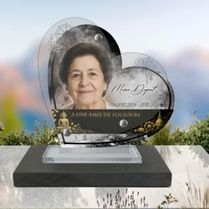 Plaque funéraire cœur bouddhiste posée sur socle ardoise du Brésil, fixation inox, 1er sous-décor