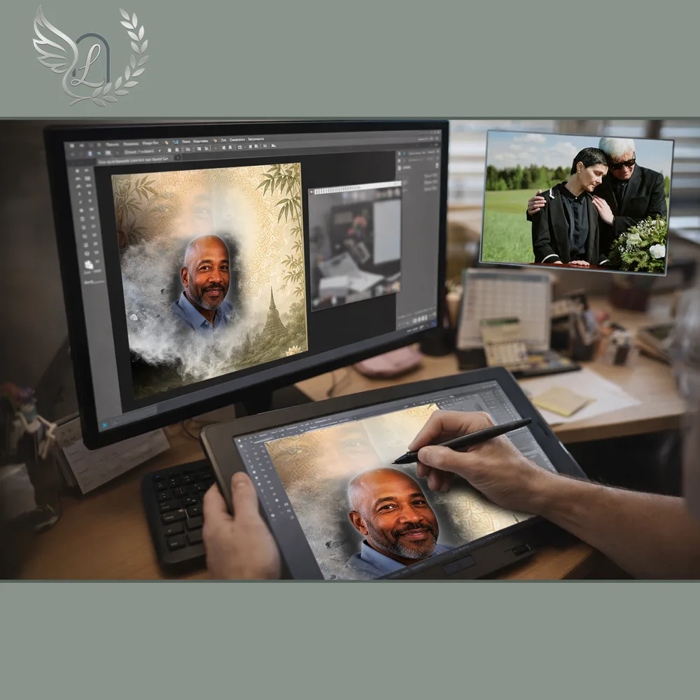 Création artistique plaque funéraire Bouddhiste sur tablette graphique en studio