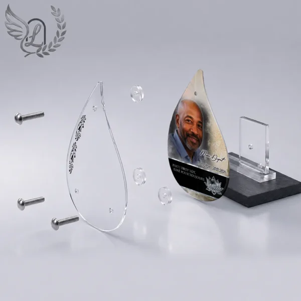 Plaque funéraire flamme bouddhiste en vue éclatée : assemblage 5 couches plexiglas, entretoises chromées, dibond aluminium, vis inox 316