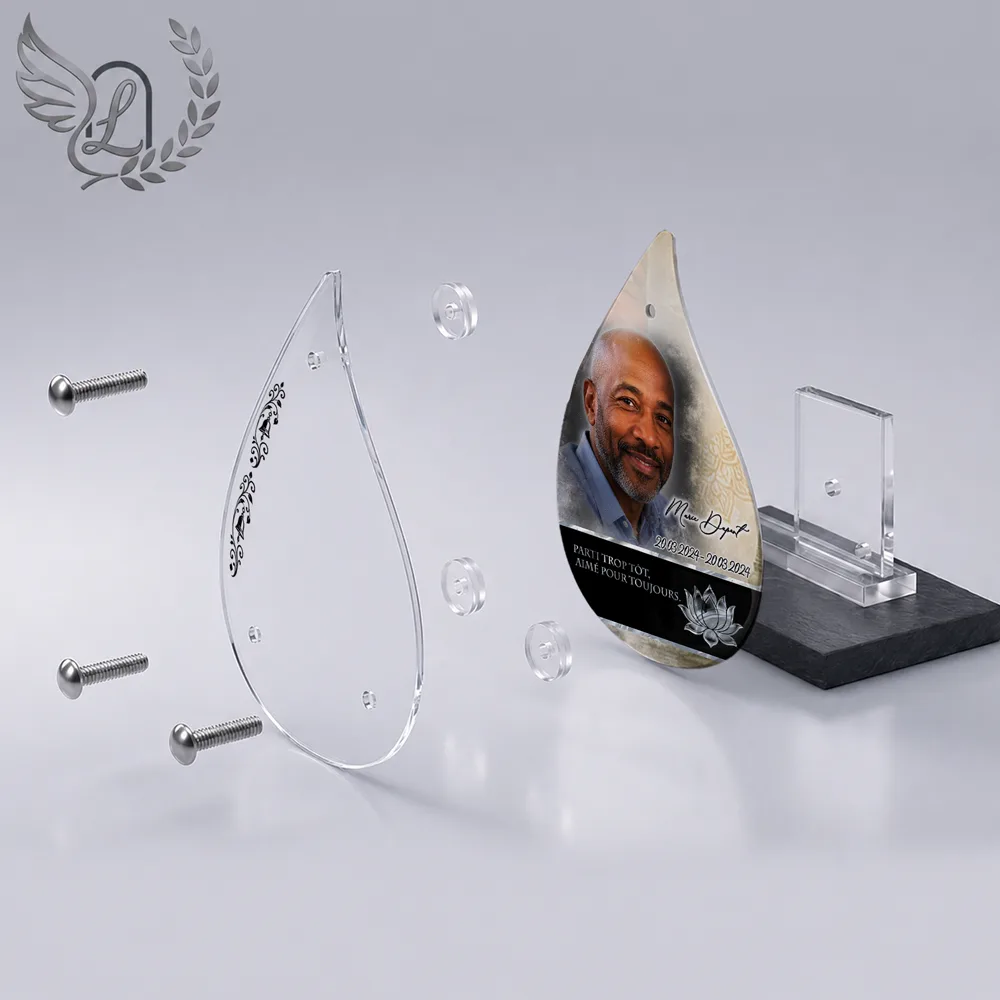 Vue éclatée plaque funéraire Flamme Bouddhiste : construction sandwich plexi imprimé miroir, 3 entretoises, dibond et bloc ardoise