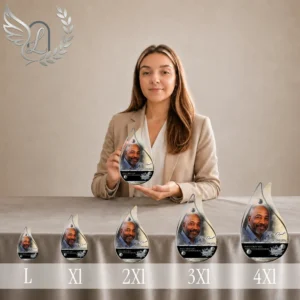 Gamme de cinq plaques funéraires en forme de flamme avec finition argent et portrait, disposées côte à côte du plus petit au plus grand format, présentées avec personnage professionnel en fond neutre