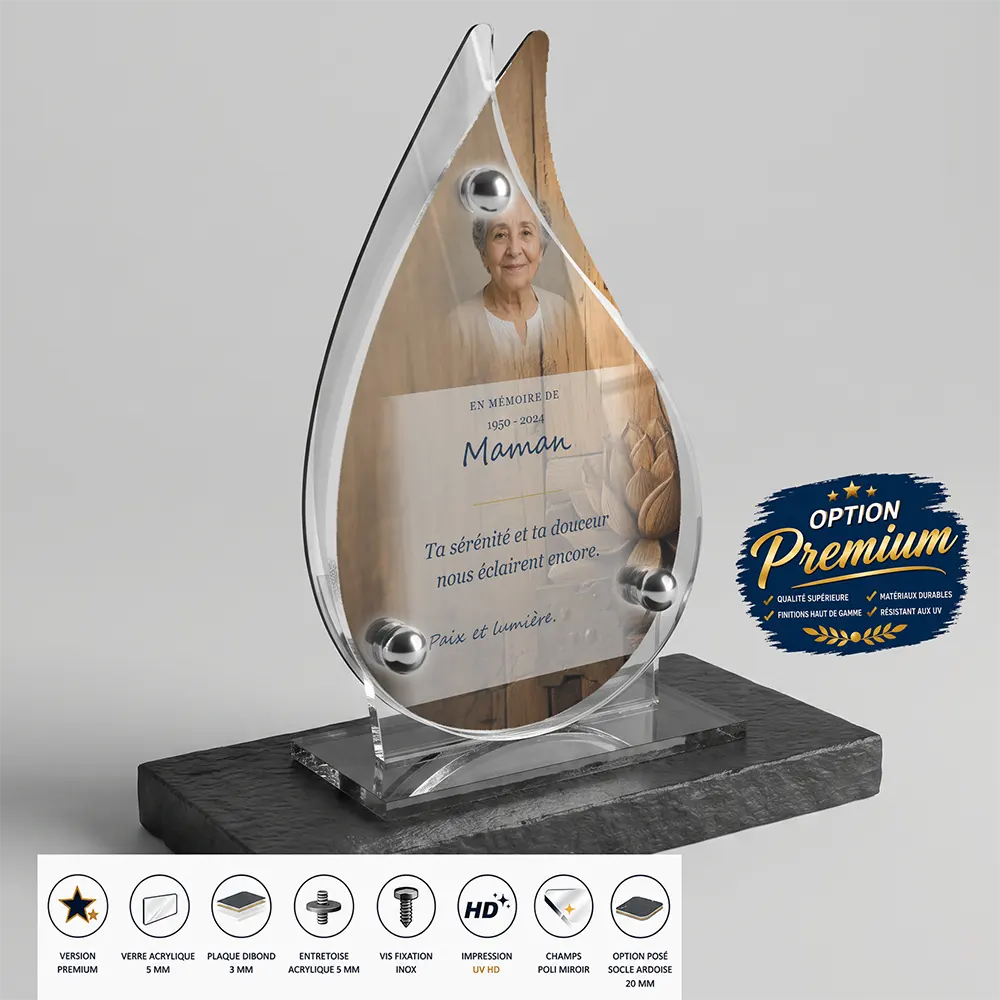 Plaque funéraire flamme Bouddhiste finition premium présentée sur socle en ardoise