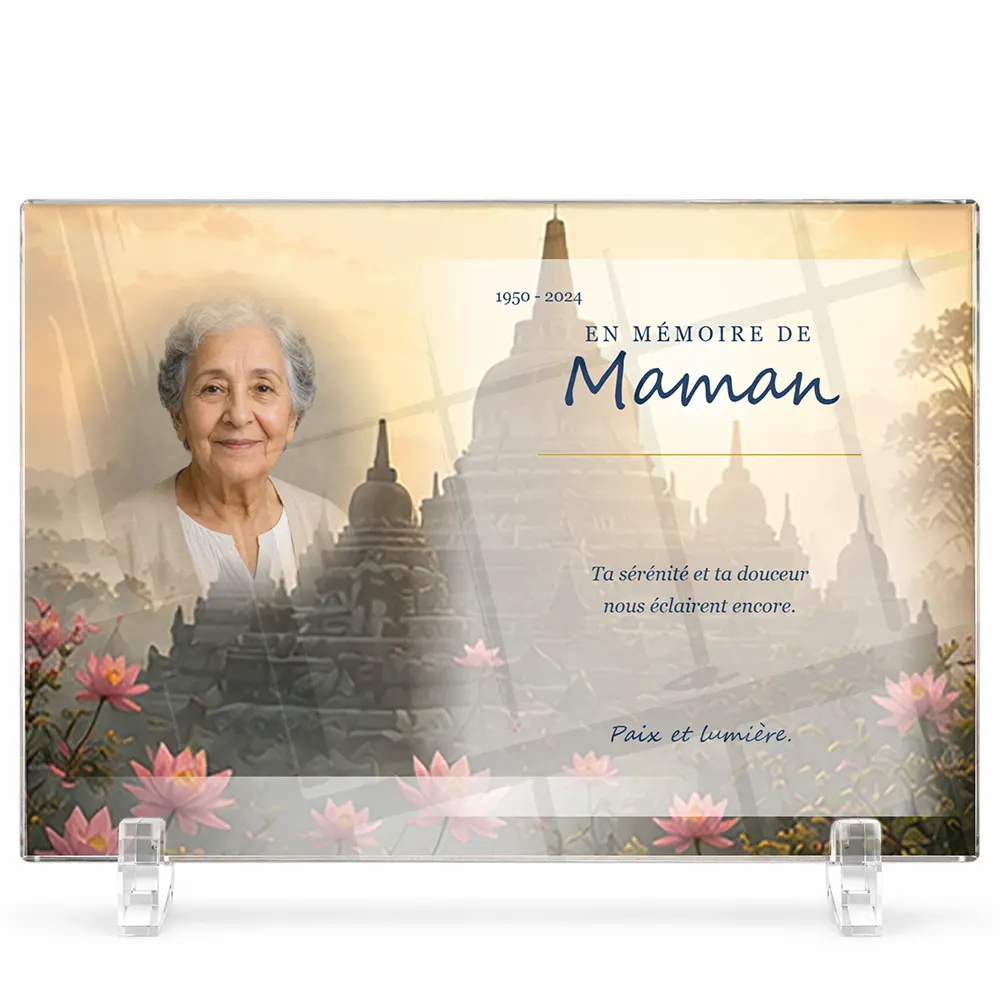 Plaque funéraire panoramique Bouddhiste personnalisée — portrait, texte libre et fond au choix, présentée sur pied plexi