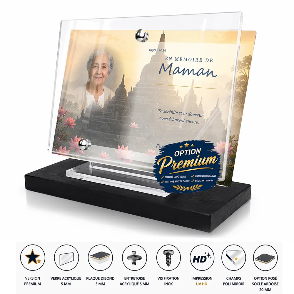 Plaque funéraire panoramique Bouddhiste finition premium présentée sur socle en ardoise