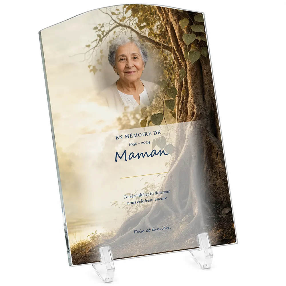 Plaque funéraire stèle Bouddhiste personnalisée — portrait, texte libre et fond au choix, présentée sur pied plexi