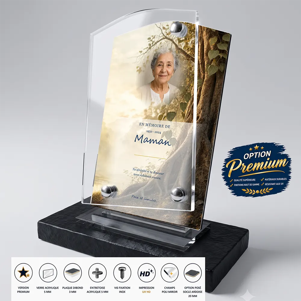 Plaque funéraire stèle Bouddhiste finition premium présentée sur socle en ardoise