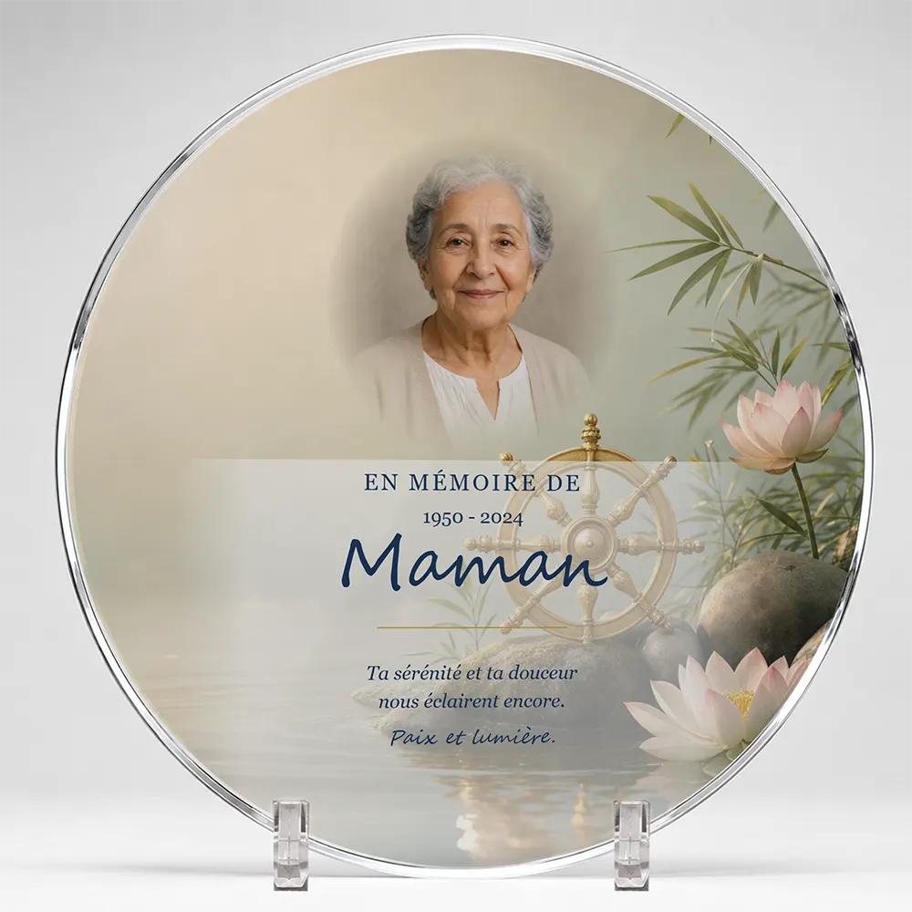 Plaque funéraire circulaire Bouddhiste personnalisée — portrait, texte libre et fond au choix, présentée sur pied plexi