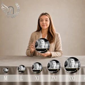 Gamme complète de plaques funéraires circulaires Bouddhistes en finition or, du format miniature au grand médaillon, présentées côte à côte avec portrait en noir et blanc et inscriptions dorées