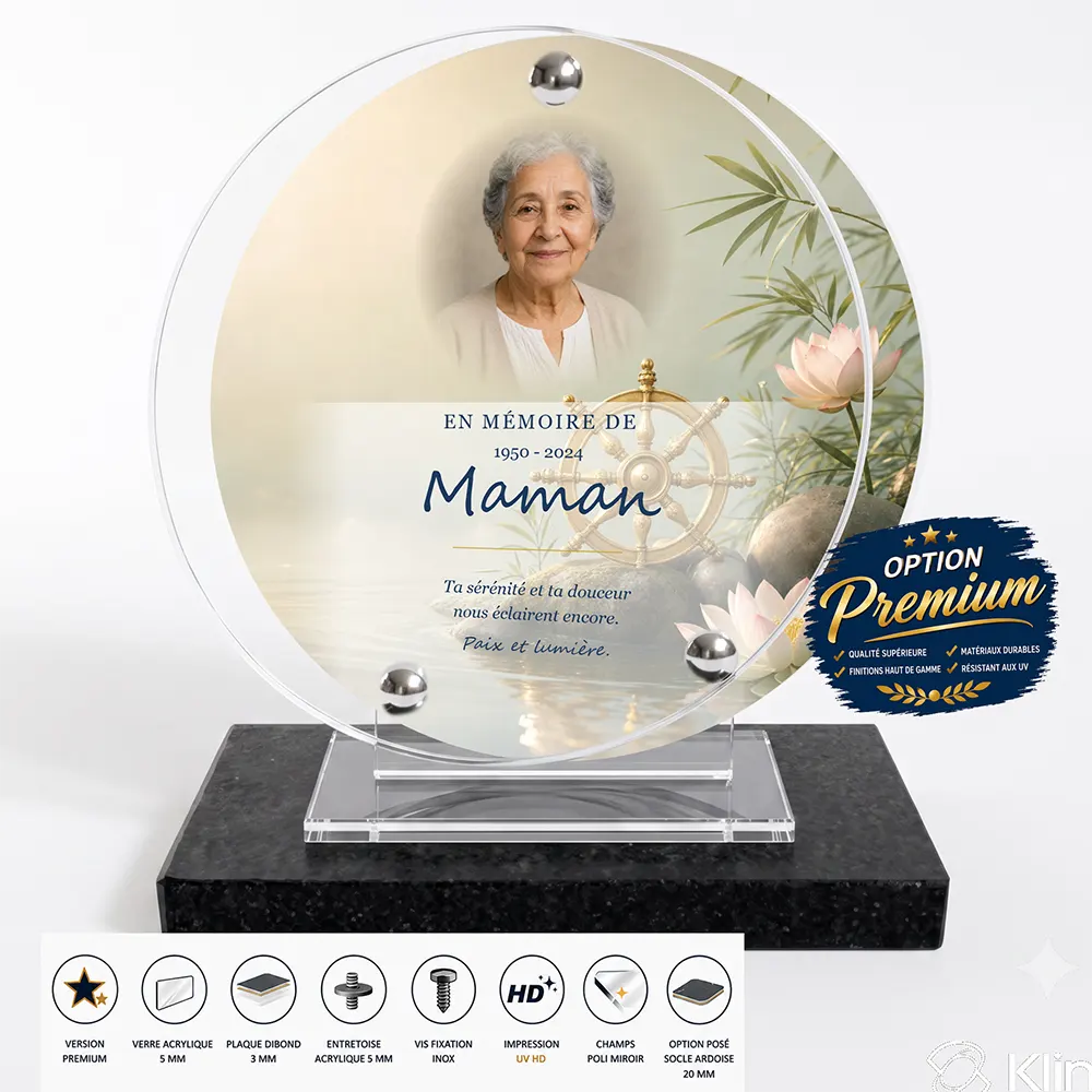Plaque funéraire circulaire Bouddhiste finition premium présentée sur socle en ardoise