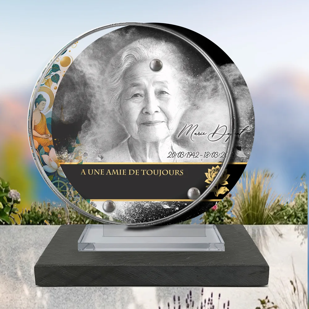 Plaque Circulaire Bouddhiste à poser sur socle ardoise du Brésil