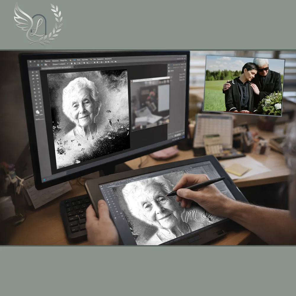 Création artistique plaque funéraire Orthodoxe sur tablette graphique en studio