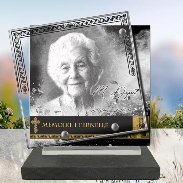 Plaque funéraire carré orthodoxe posée sur socle ardoise du Brésil, fixation inox, 1er sous-décor