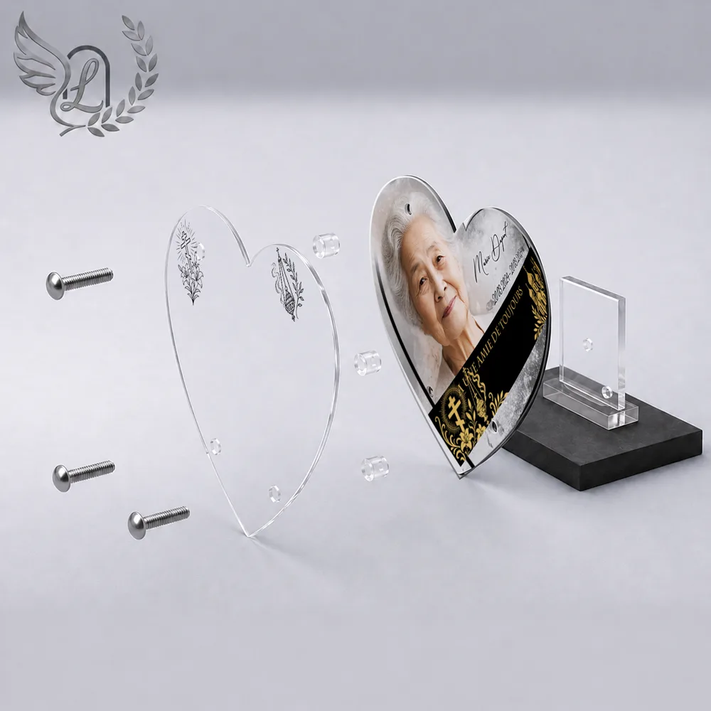 Vue éclatée plaque funéraire Cœur Orthodoxe : construction sandwich plexi imprimé miroir, 3 entretoises, dibond et bloc ardoise