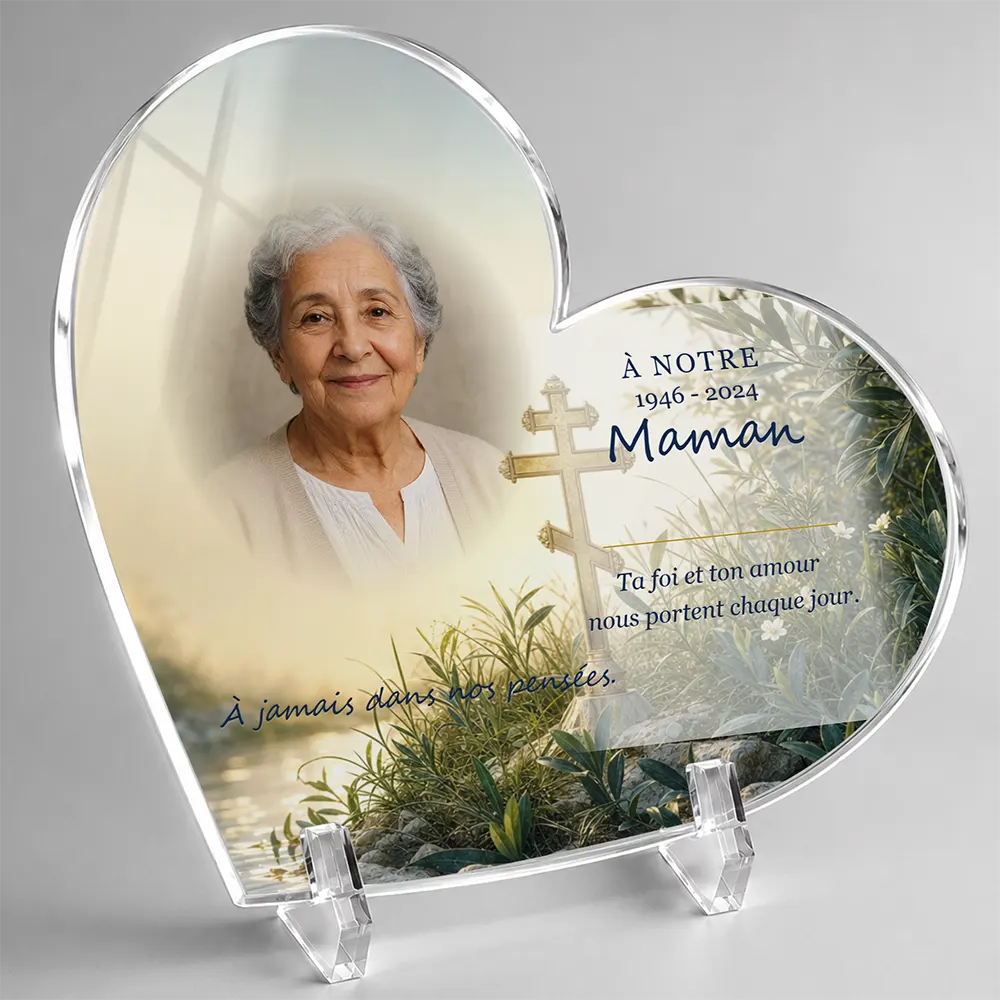 Plaque funéraire cœur Orthodoxe personnalisée — portrait, texte libre et fond au choix, présentée sur pied plexi