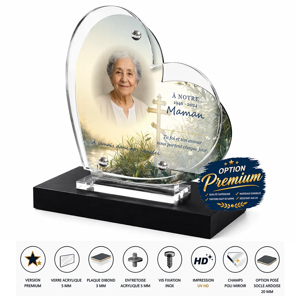 Plaque funéraire cœur Orthodoxe finition premium présentée sur socle en ardoise