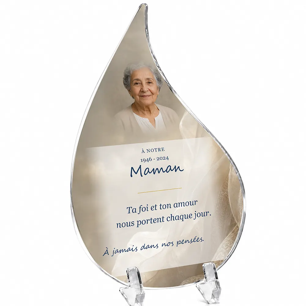 Plaque funéraire flamme Orthodoxe personnalisée — portrait, texte libre et fond au choix, présentée sur pied plexi