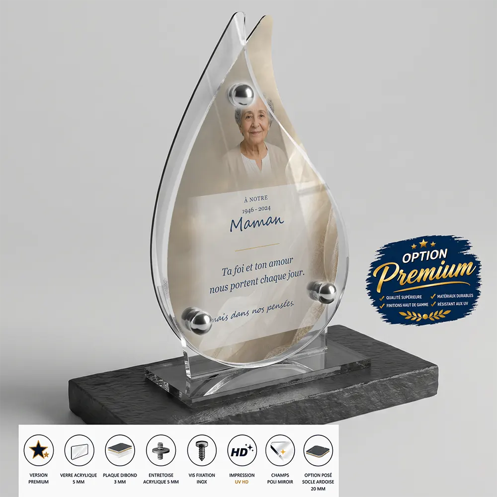 Plaque funéraire flamme Orthodoxe finition premium présentée sur socle en ardoise