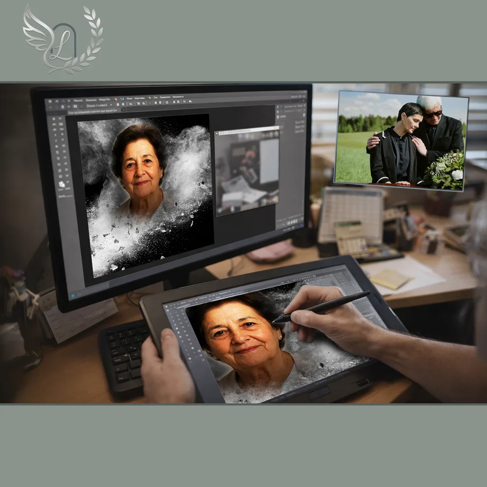 Création artistique plaque funéraire Orthodoxe sur tablette graphique en studio