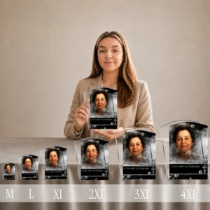 Gamme complète de plaques funéraires rectangulaires Orthodoxe en finition argent, du format M au 4XL, présentant un portrait de femme avec finitions chromatiques classiques et motifs spirituels