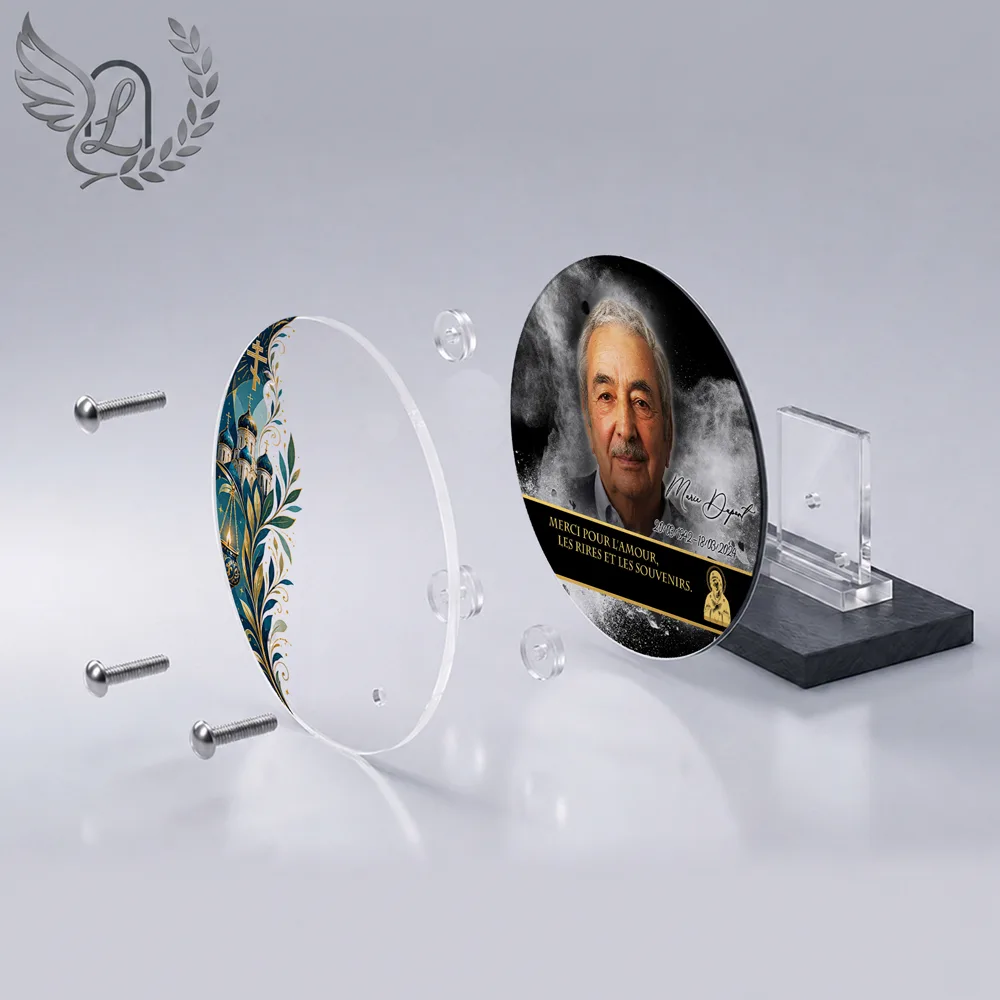 Vue éclatée plaque funéraire Circulaire Orthodoxe : construction sandwich plexi imprimé miroir, 3 entretoises, dibond et bloc ardoise