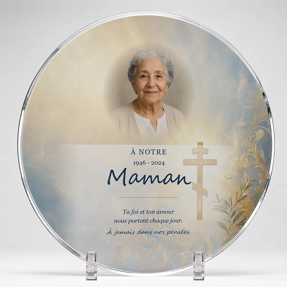Plaque funéraire circulaire Orthodoxe personnalisée — portrait, texte libre et fond au choix, présentée sur pied plexi