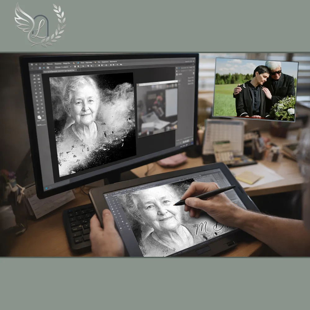 Création artistique plaque funéraire Laïque sur tablette graphique en studio