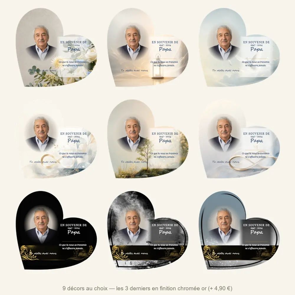 Plaque funéraire cœur Laïque — neuf décors de fond au choix
