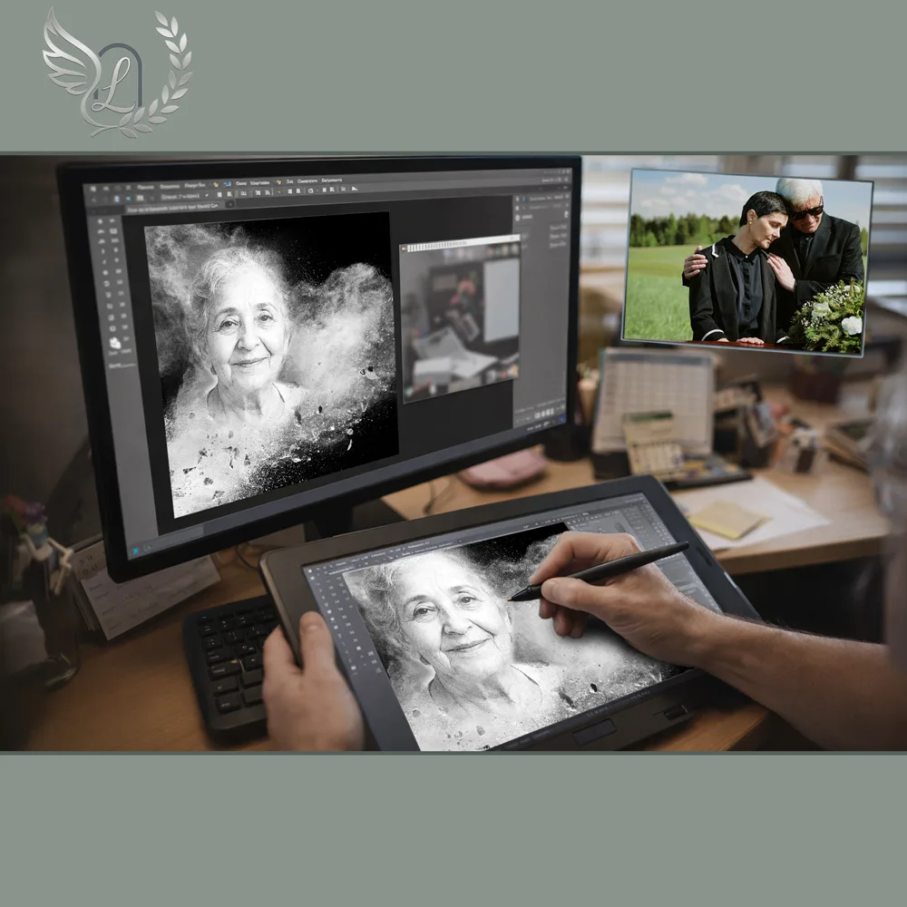 Création artistique plaque funéraire Laïque sur tablette graphique en studio