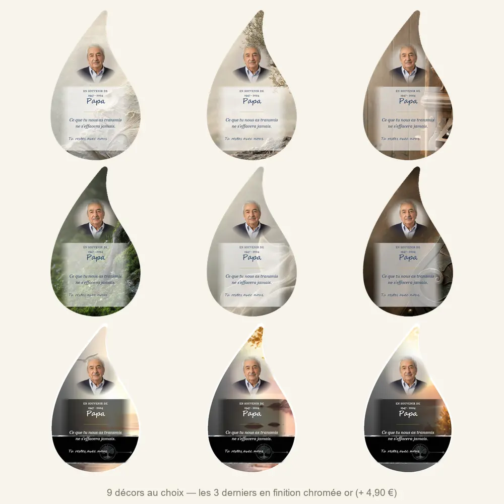 Plaque funéraire flamme Laïque — neuf décors de fond au choix