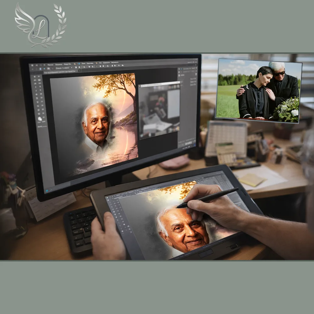 Création artistique plaque funéraire Laïque sur tablette graphique en studio