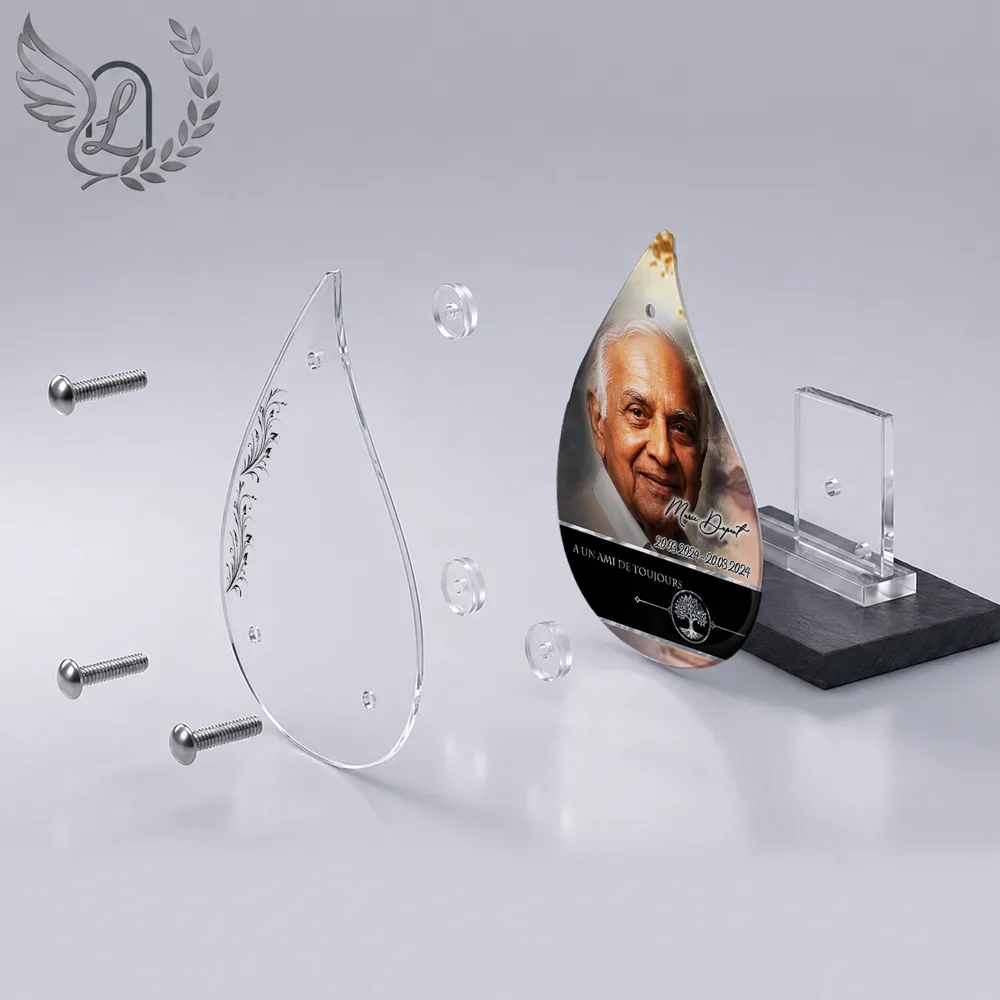 Vue éclatée plaque funéraire Flamme Laïque : construction sandwich plexi imprimé miroir, 3 entretoises, dibond et bloc ardoise