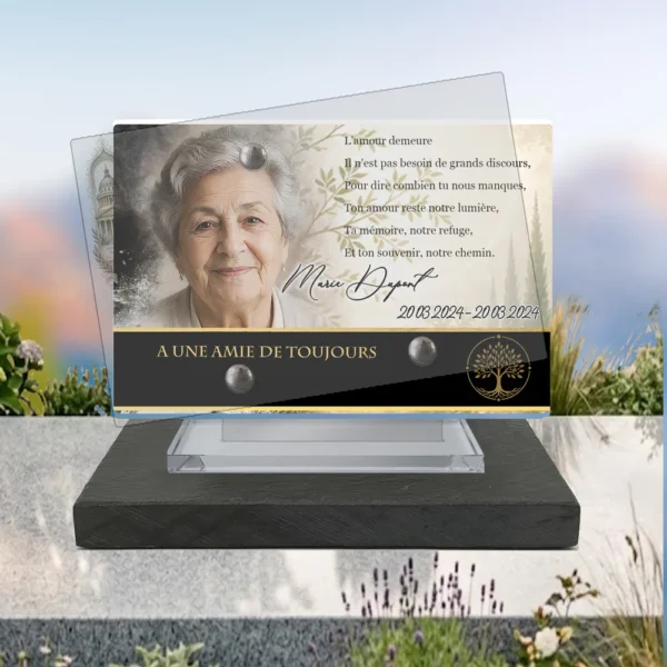 Plaque funéraire panoramique laïque posée sur socle ardoise du Brésil, fixation inox, 1er sous-décor