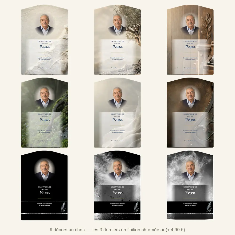 Plaque funéraire stèle Laïque — neuf décors de fond au choix