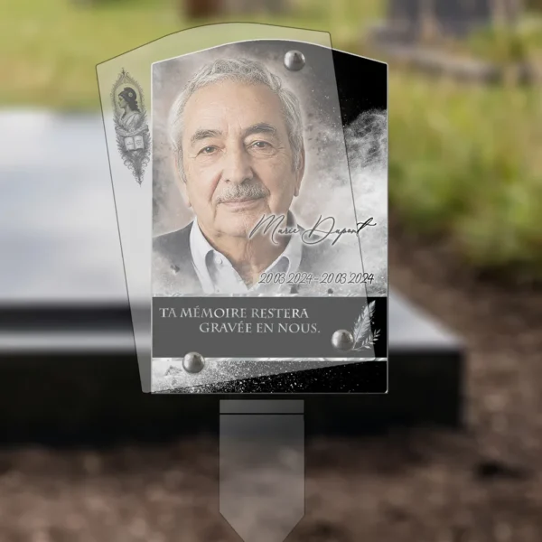 Plaque funéraire rectangle laïque plantée par appendice plexiglas, sol meuble ou pot, 1er sous-décor