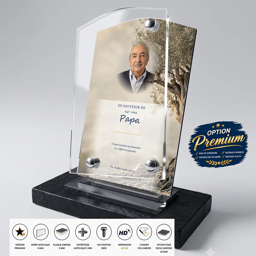 Plaque funéraire stèle Laïque finition premium présentée sur socle en ardoise