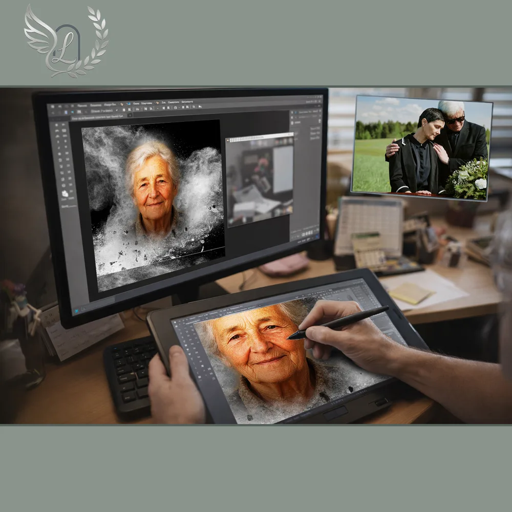 Création artistique plaque funéraire Laïque sur tablette graphique en studio