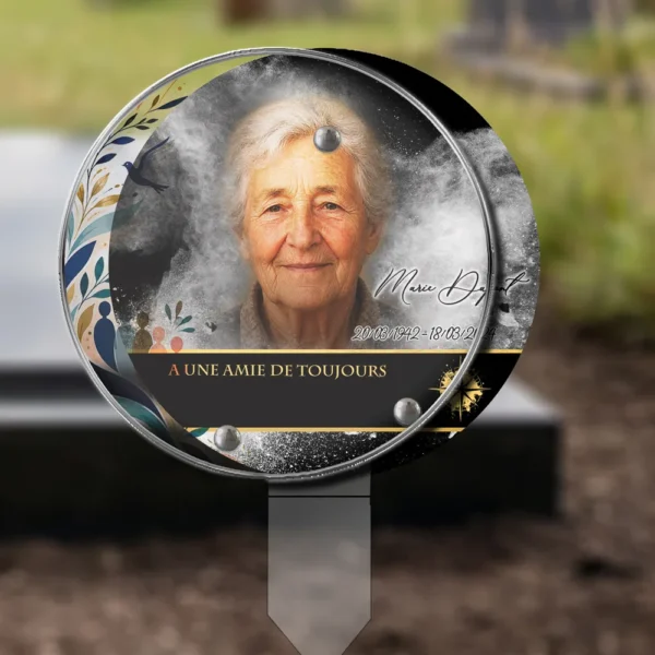 Plaque funéraire médaillon rond laïque plantée par appendice plexiglas, sol meuble ou pot, 1er sous-décor