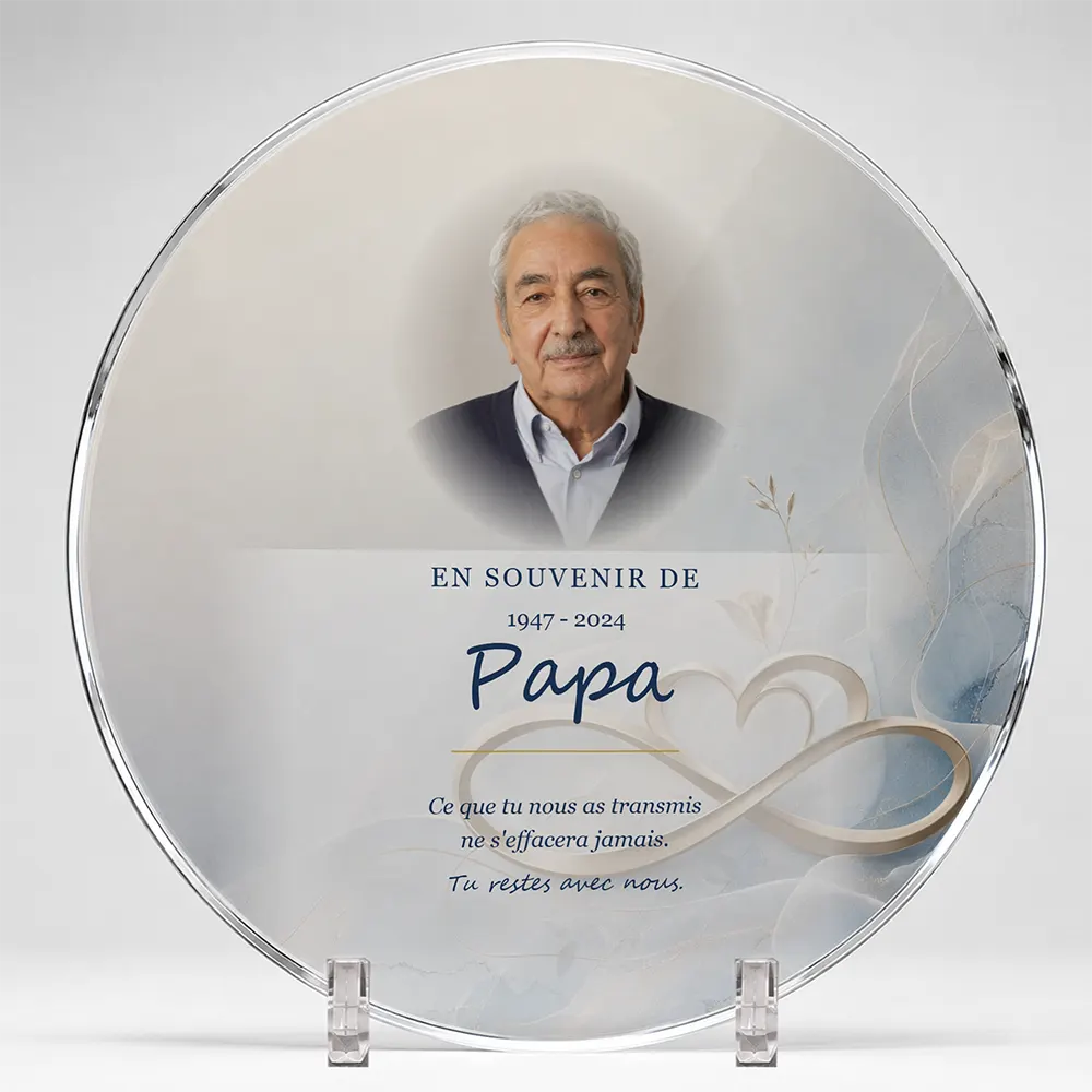 Plaque funéraire circulaire Laïque personnalisée — portrait, texte libre et fond au choix, présentée sur pied plexi