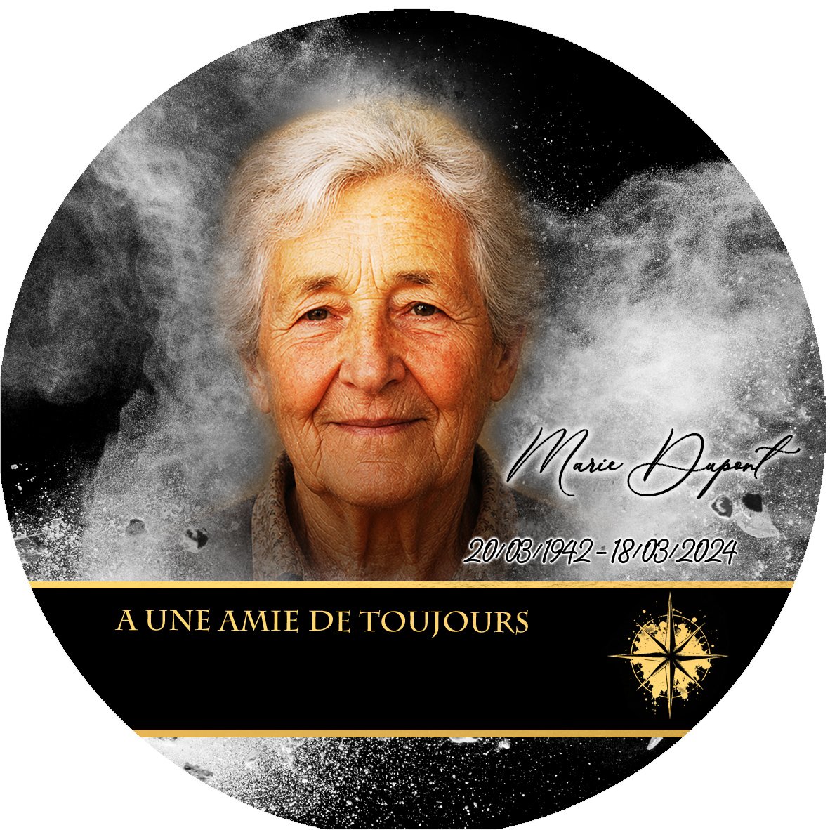 Plaque Circulaire Laïque effet Éclat, ambiance complète portrait + fond
